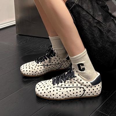 [Ruoji] Retro buty do treningu baletowego damskie mleczne Fu w kropki modne buty codzienne sznurowane płaskie panterka buty Forrest Gump