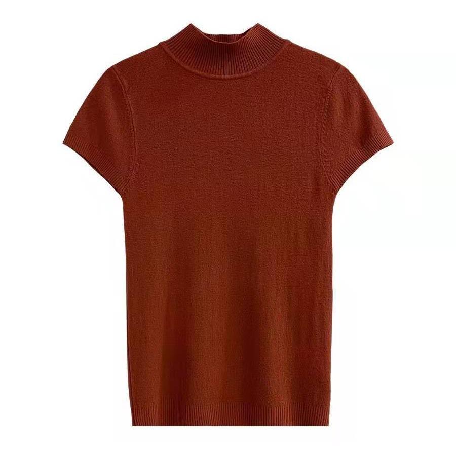 Moda Primavera y Otoño Cuello Medio Alto Camiseta de Punto Suave Manga Corta Top de Mujer Delgado Fino Cálido Bajo Casual Esencial Ajustado Jerséis Camisetas