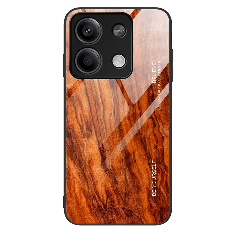 

For Xiaomi Redmi Note 13 5G Tempered Glass Case TPU Frame Wood Texture Phone Cover Orange