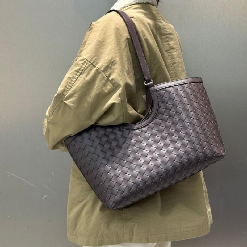 Vintage Leather Woven Tote Bag Women Large Capacity Shoulder With Magnetic Soft Genuine Cowhide