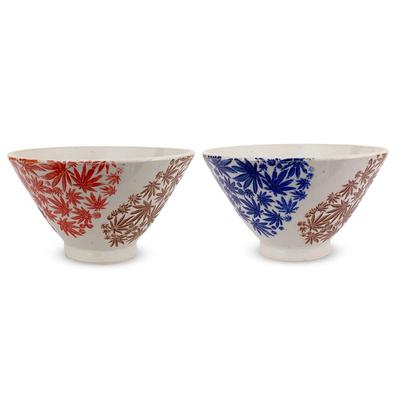 J-kitchens Kunzan Kiln Pair of 11cm Hasami Ware Tea Bowls, Made In Japan, Two-Color Autumn Leaves (Blue and Red)