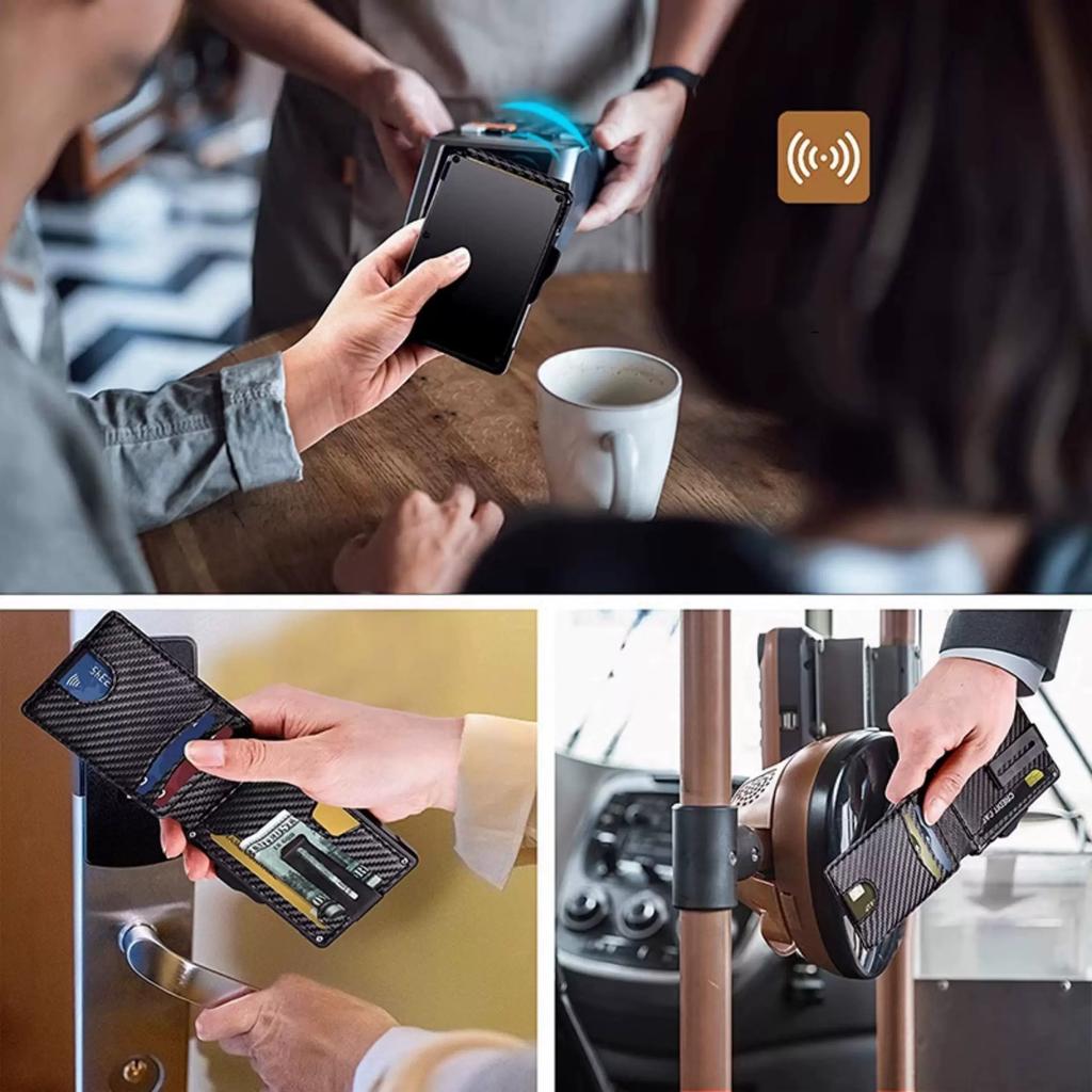 Automatischer RFID-Kartenhalter Metall-Geldbörse Herren Premium Faltbares Leder Kohlefaser Kartenhalter