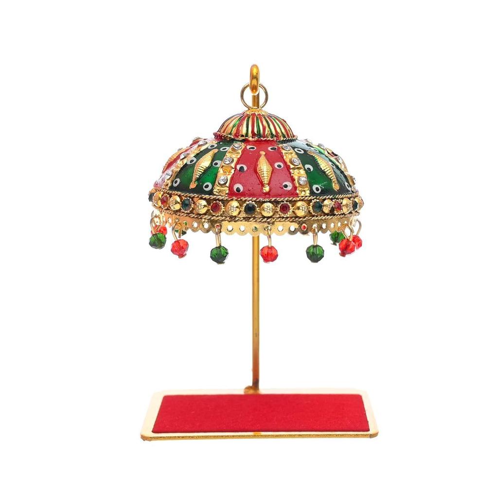 Metal Umbrella Chhatra with Hanging Crystals – Decorative Showpiece for God Idol, Car Dashboard, Office Table & Home Decor