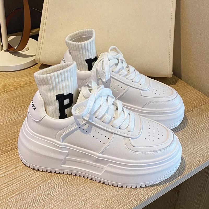 White PU Leather Women's Casual Woman Vulcanize Sneakers Breathable Sport Walking Platform Flats Running Shoes