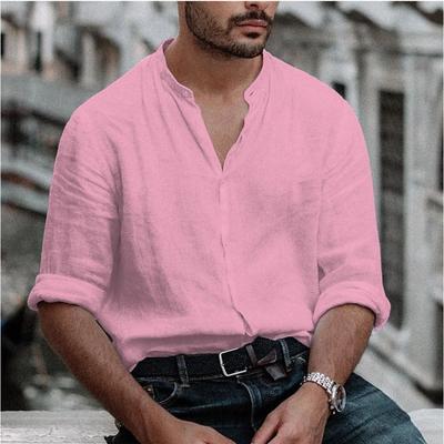 Camisa Casual de Linho Masculina Verão Praia Manga Longa Lisa Gola Careca Primavera Verão Havaí Básica