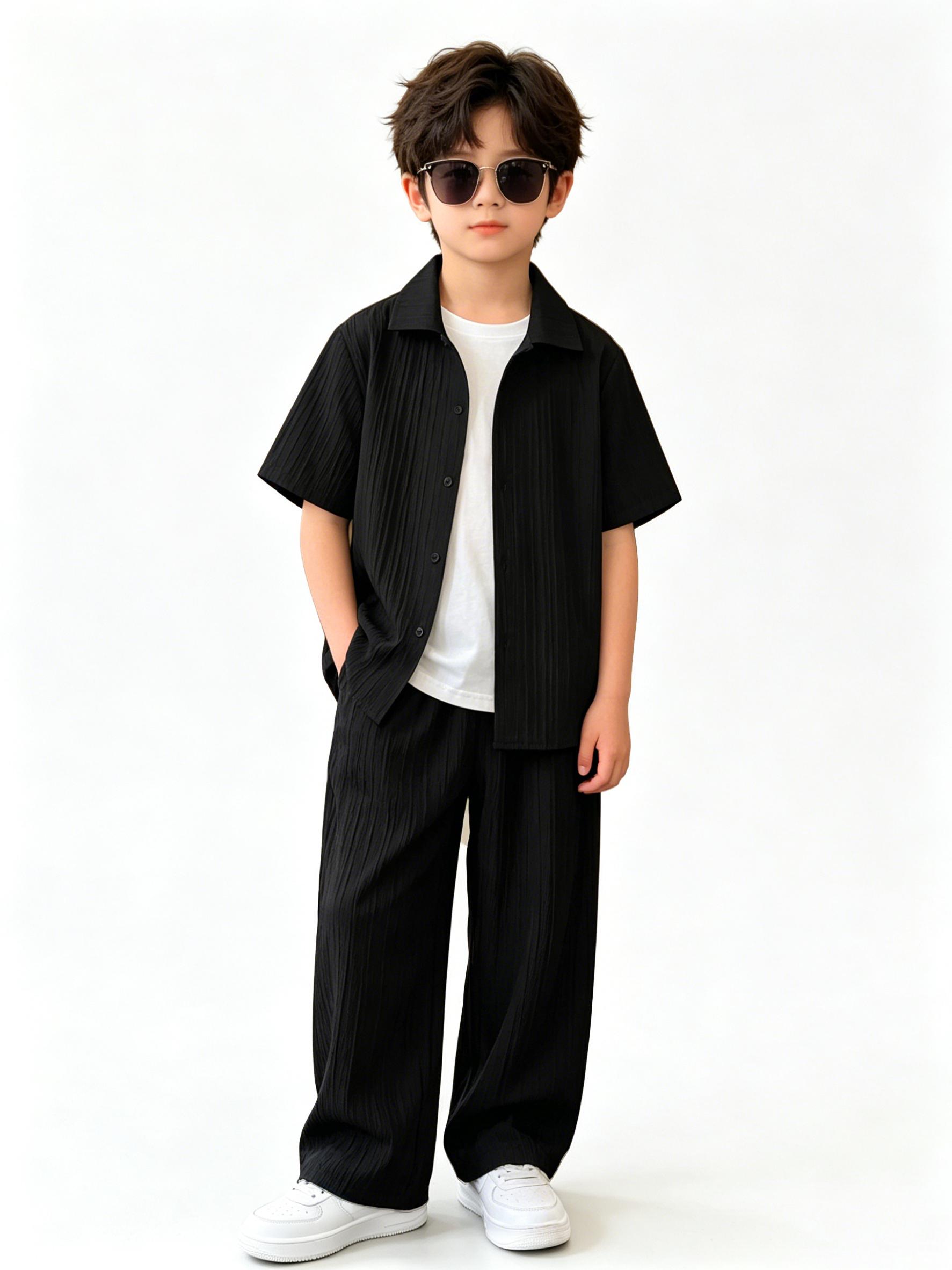 Boys 130-170cm Casual Light Business Texture Striped Shirt & Pants Two Piece Outfit 130 чёрный