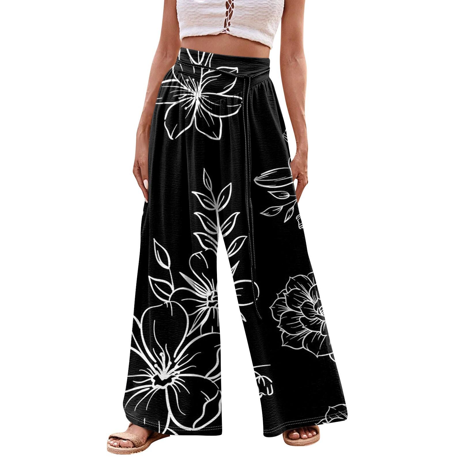 

Женские модные повседневные свободные широкие брюки с цветочным принтом и завязками на бретелях с карманами L чёрный