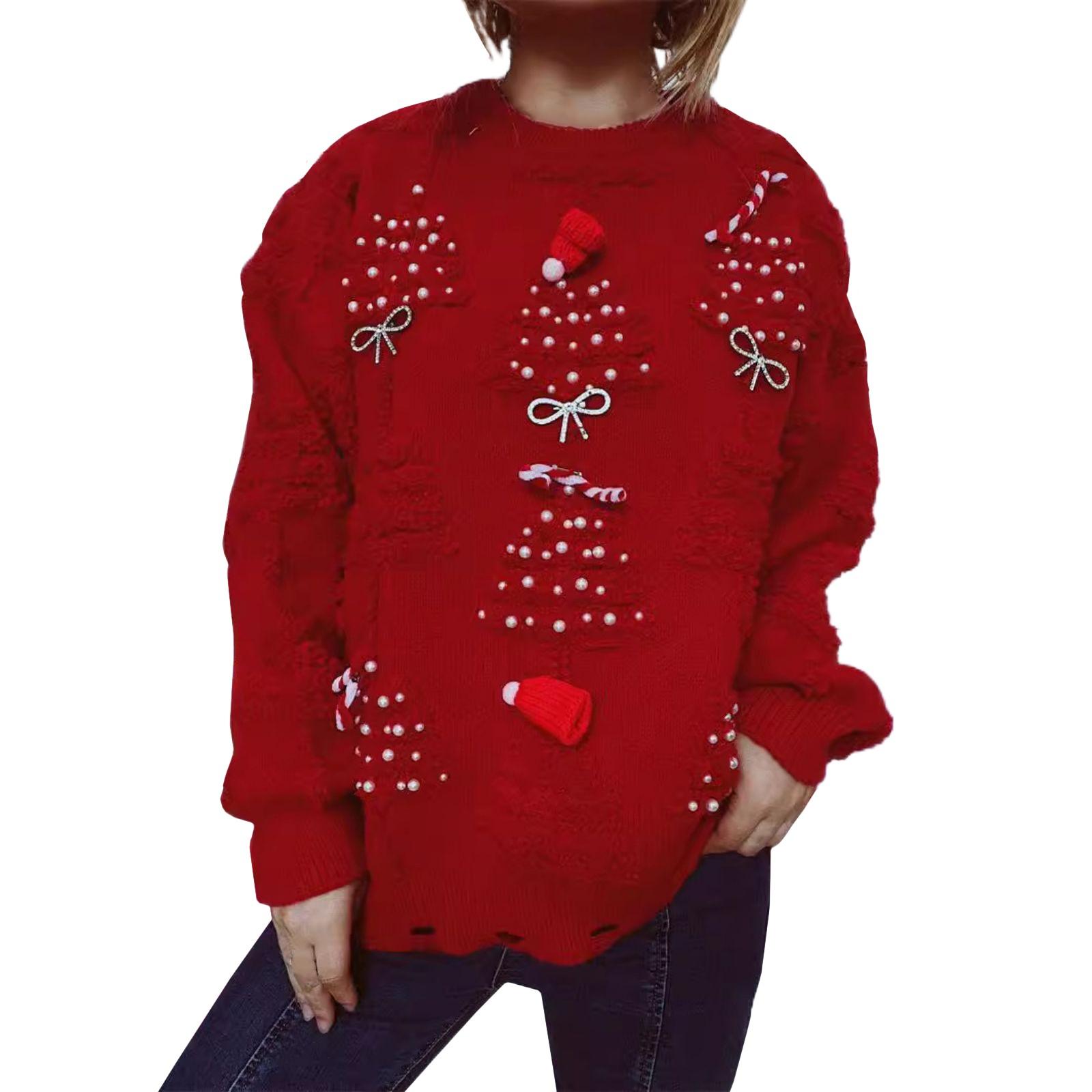 

Женская мода осень и зима рождественский свободный круглый вырез пуловер вязаный свитер S красный