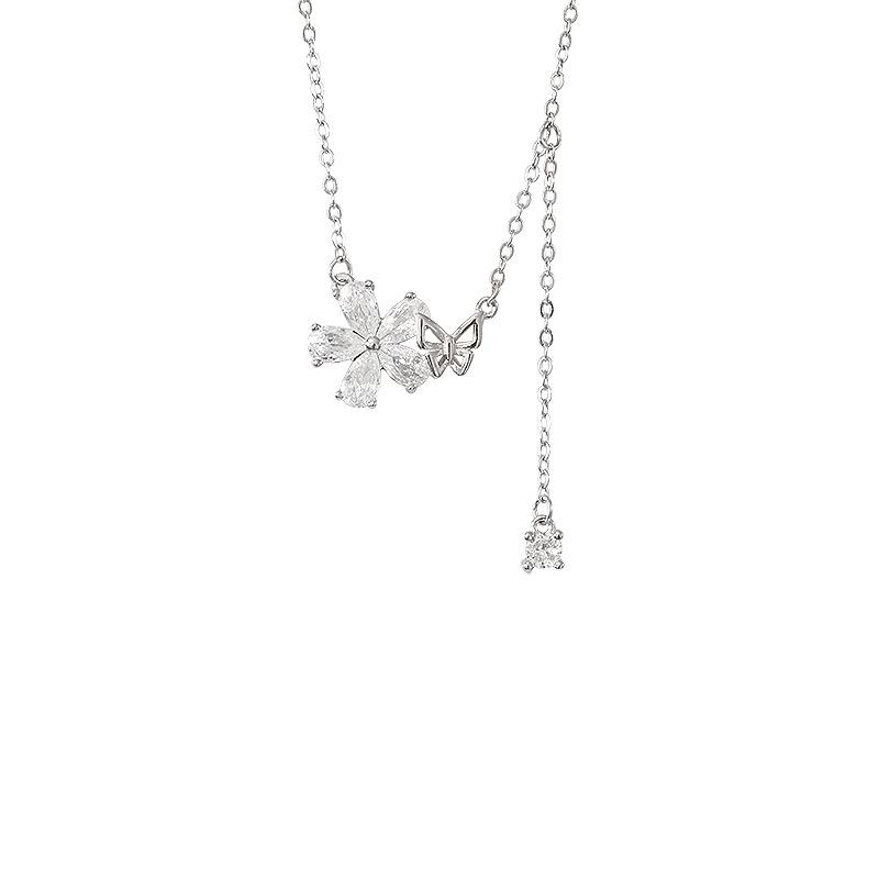 Butterfly Love Flower Necklace Women'S Light Luxury Simple Flower Tassel Drop Necklace Small Fresh Diamond Cherry Blossom Butterfly Clavicle Chain