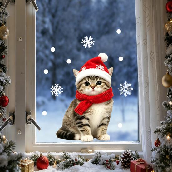 Durable Holiday Window Stickers Christmas Animal Static Clings, Cute Cat/Puppy/Racoon Stickers, PVC Winter Home Accents Waterproof Glass Sticker