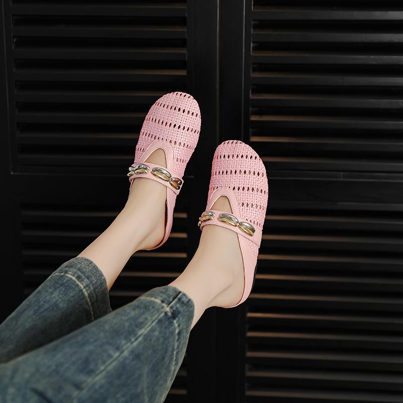 

Ленивые шлепанцы с плоской подошвой, женские летние новые баотоу, ретро плетеные полые, с легким ощущением роскоши, шлепанцы для улицы на одной педали 40 розовый