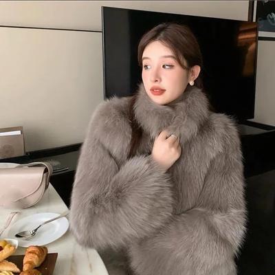 Høst Vinter Dame Imitert Revepels Miljøvern Pels Ståkrage Kort Pelskåpe Tykk Varm Jakke