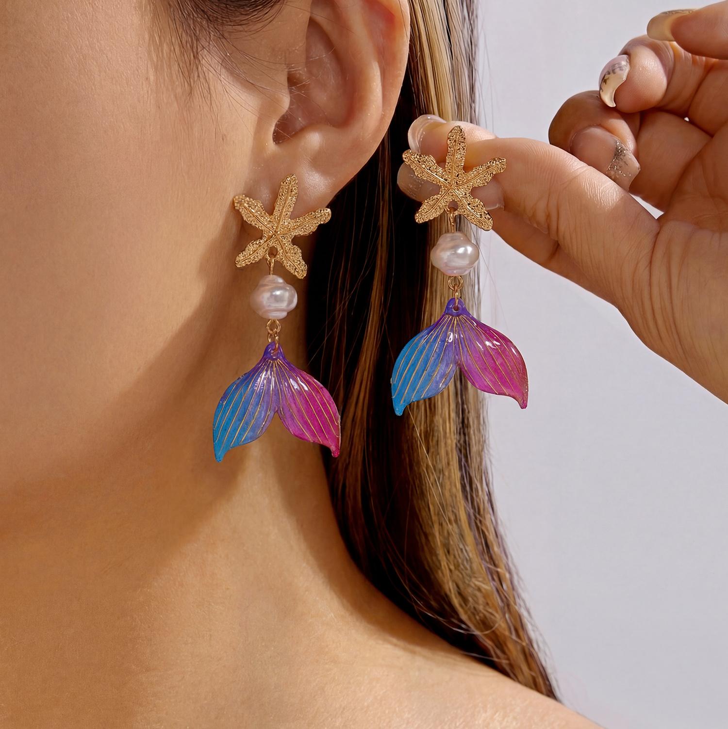 

Trendy Acrylic Colorful Fishtail Earrings for Women Boho Exaggerated Irregular Starfish Pearls Drop Earrings Jewelry Gifts