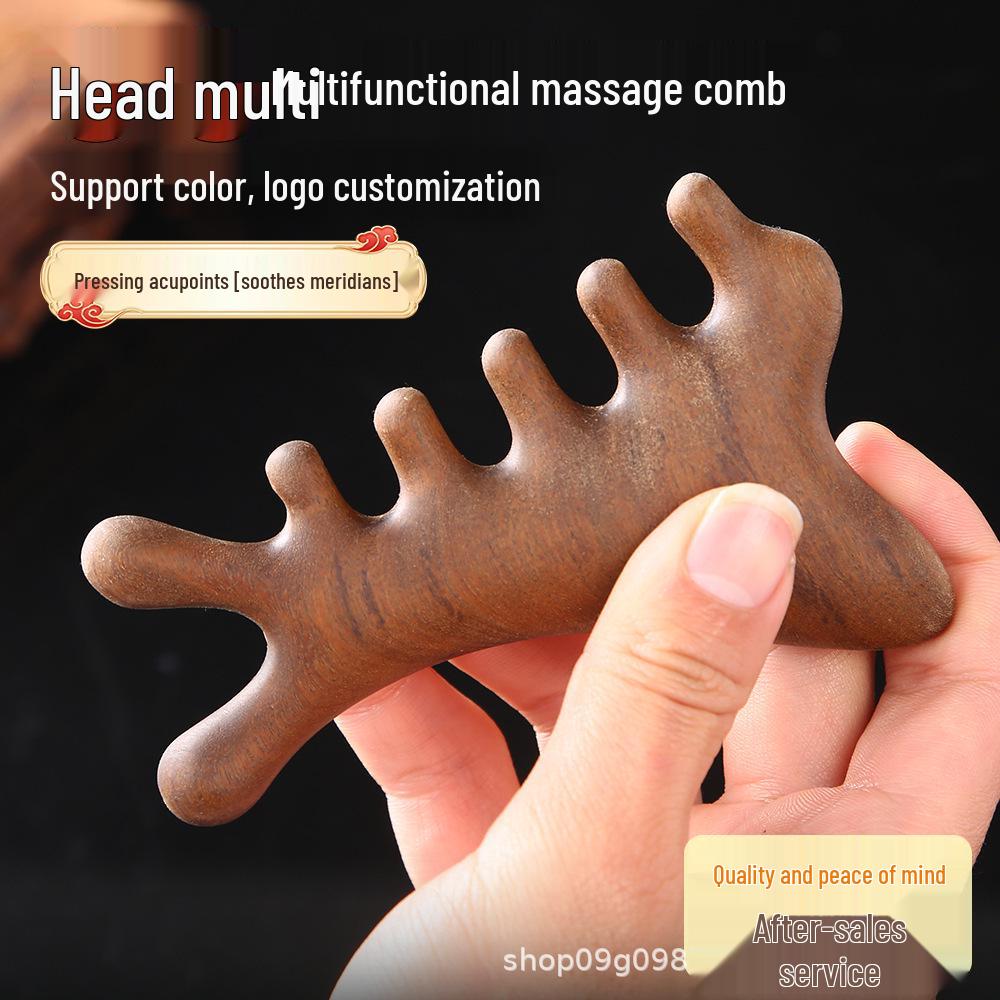 Golden Sandalwood Massage Comb 4-in-1: Meridian Comb, Gua Sha Tool, Scalp Massager.