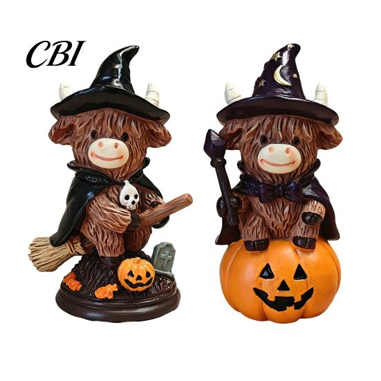 Unique Holiday Presents 2Pcs Halloween Highland Cow Witch Ornament, Resin Figurine with Hat Pumpkin Broom Fall Seasonal Displays & Skull, Cute