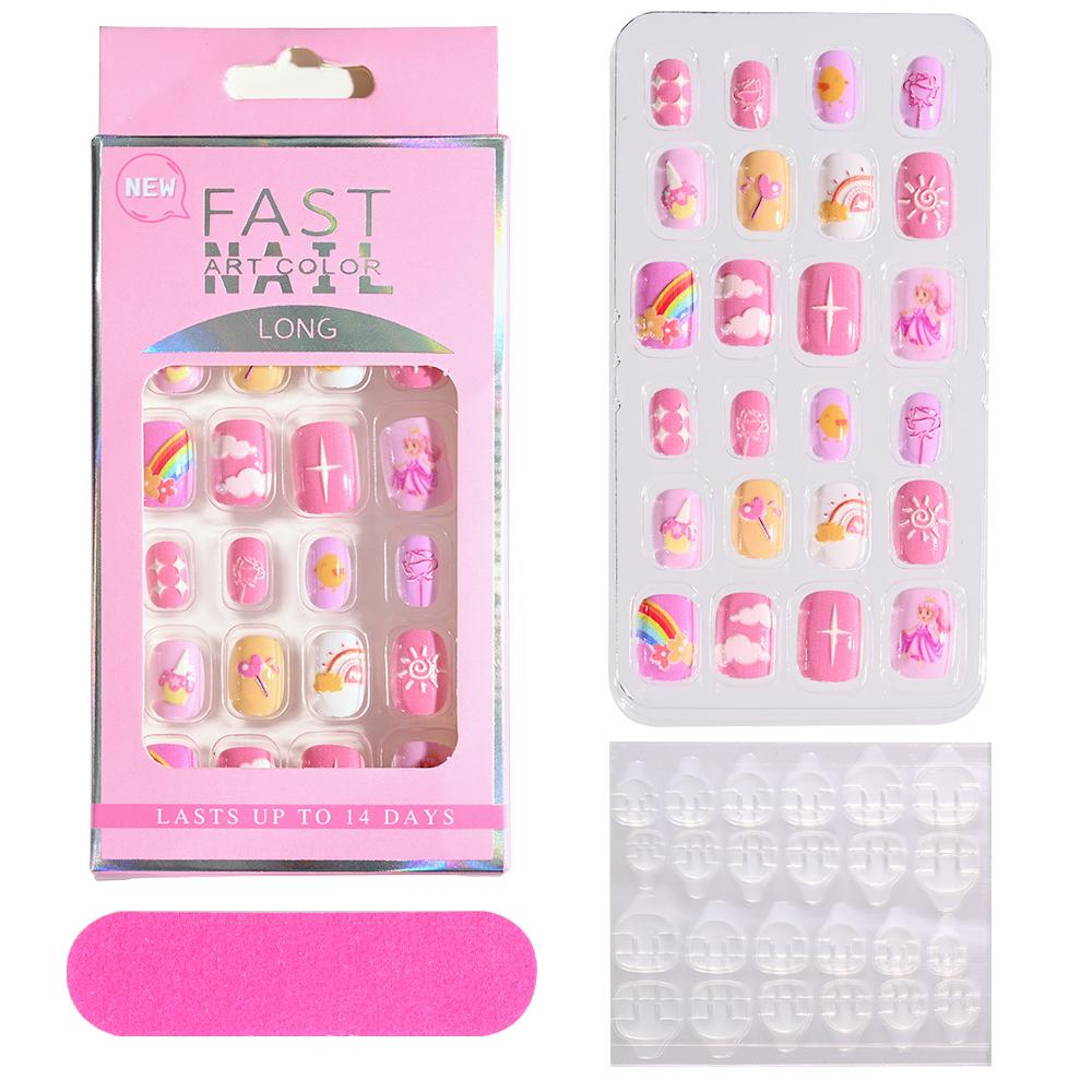 24pcs/box Candy Kids False Nail Cartoon Full Cover Press On Fake Nails Tips Kawaii Acrylic Artificial Fingernails for Girls