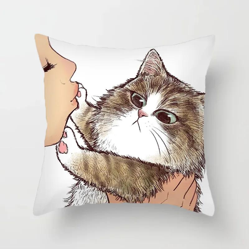 Funny Love Kiss Cute Cat Cushion Cover Cartoon Creative Naughty Cat Pillow Case Cover Home Textile Cat Pillow Covers Pillowcase