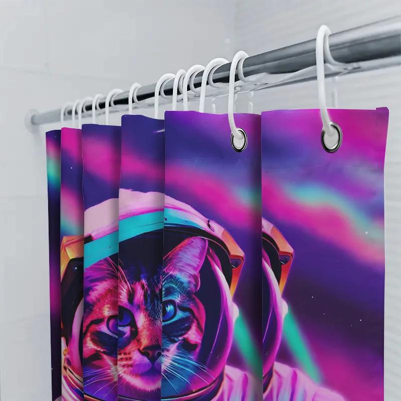 Space Explorer Cat Bath Mat Astronaut Shower Curtain Neon Purple Pink Blue Galaxy Space Decor For Bathroom Perfect Gift Ideas Fo