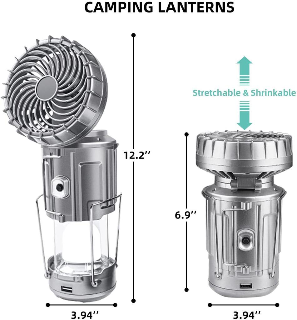 Campinglaternen mit Ventilator Wiederaufladbar Solar Campingventilatorlampe LED-Laternen Campingventilatoren für Zelte Notfall-Trekkingausrüstung