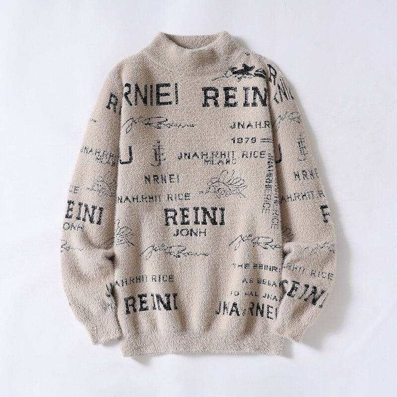 

Горячая распродажа, Мужской модный свитер с полувысоким воротником и буквенным принтом, Утепленный вязаный свитер 3XL верблюд