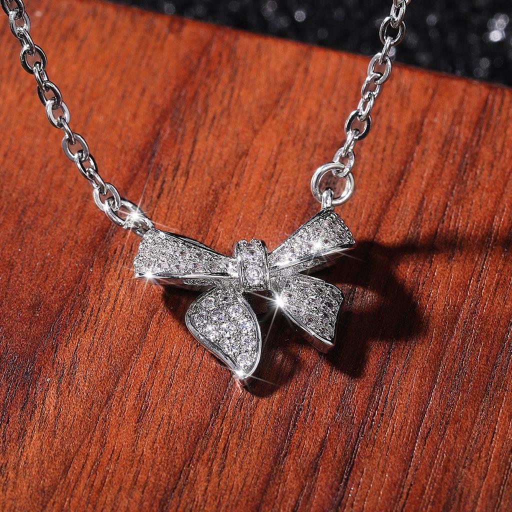 Elegant Full Paved Bow Pendant Necklace for Women Sparkling Stone Design Dainty Romantic Everyday Party Jewelry Gift for Her