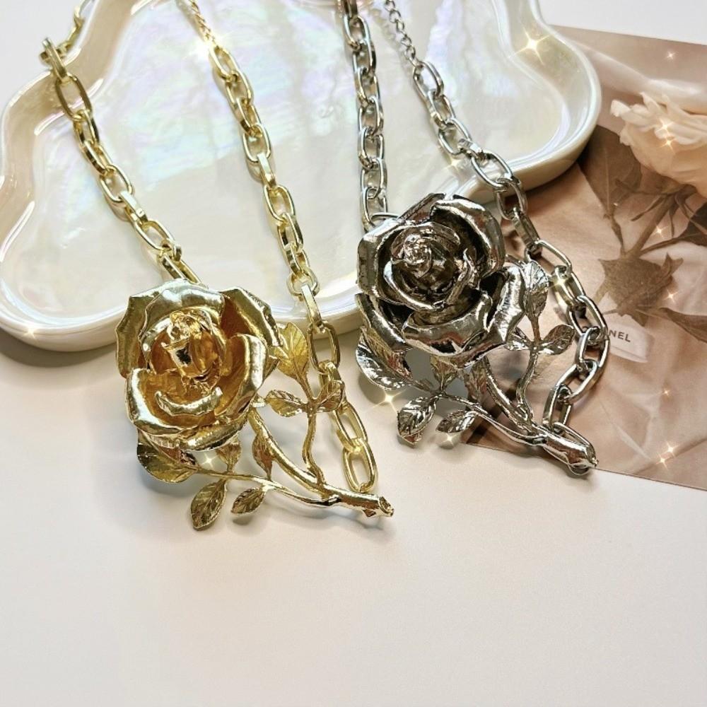 Luxury Metal Rose Necklace Big Neck Chain Brilliant Exaggerated Flower Necklace  Bride