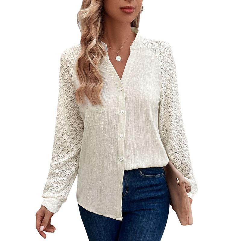 Lace Splicing Top Autumn Women's See Through Long Sleeve Standing Collar Cardigan Shirt