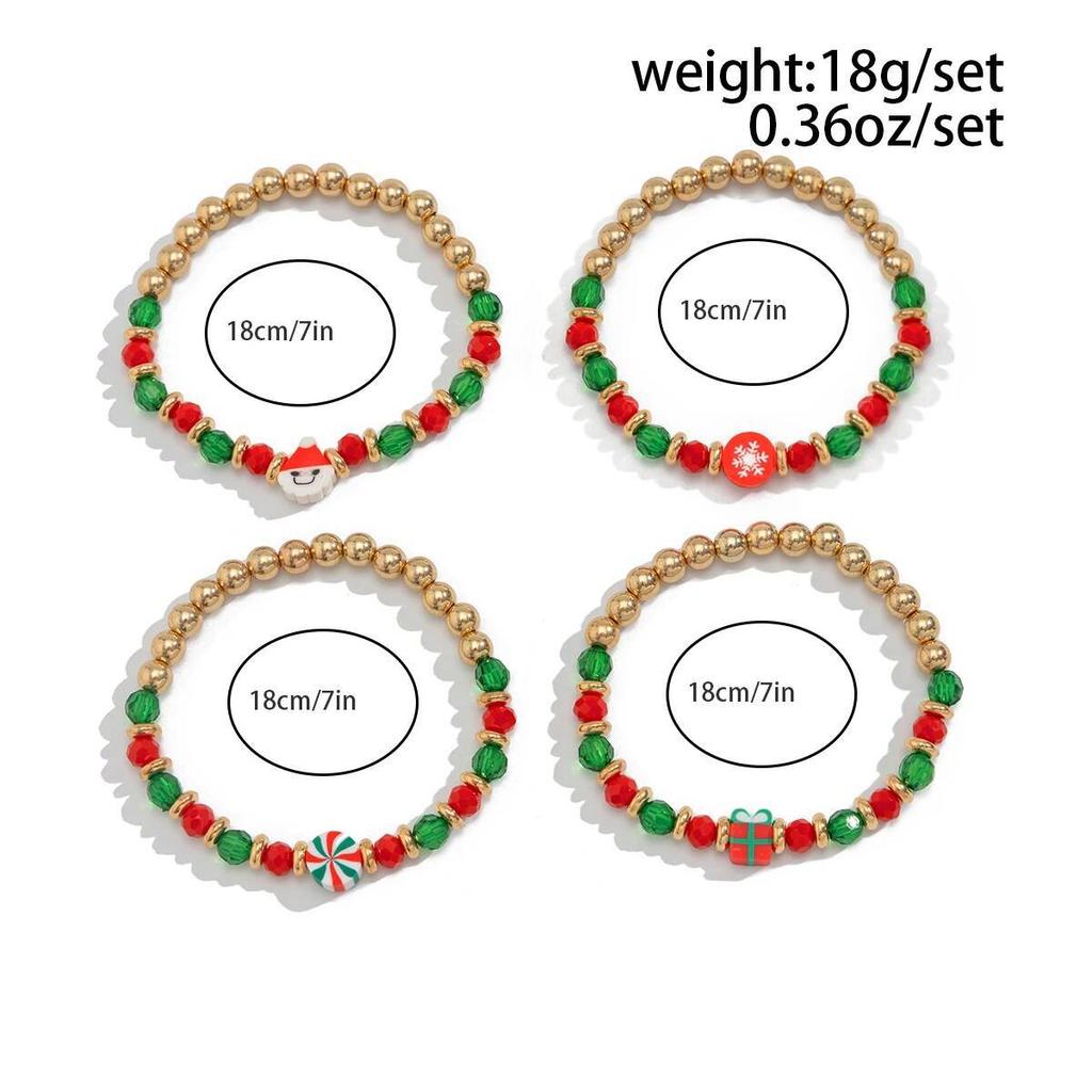KunJoe 4Pcs/Set Red Green Crystal Bead Chain Bracelet Women Cute Snowflake Snowman Elasticity Charm Bracelets Christmas Jewelry