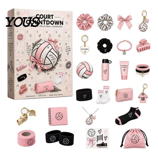 Calendario dell'Avvento per Ragazze con Gioielli e Cancelleria da Pallavolo, Scatola Countdown di 24 Giorni con Accessori Sportivi, Regali di Compleanno per Giocatori con Elastici per Capelli e Ciondoli