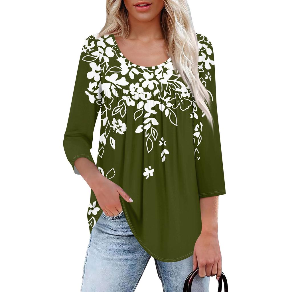 Women's Fashion Seven Sleeve Top Round Neck Pleated Casual Printed Top