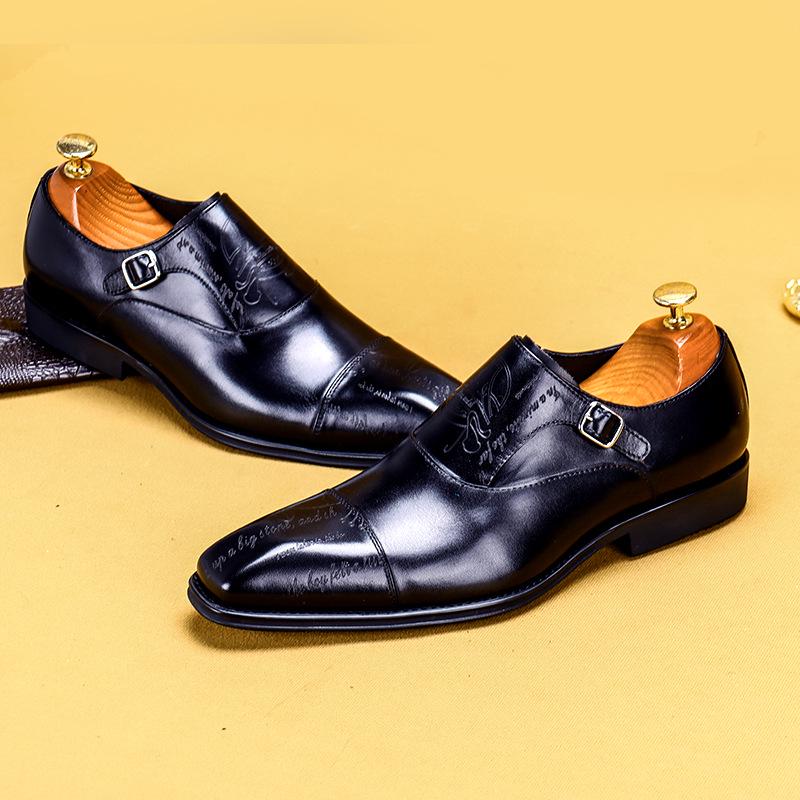 Skórzane buty biznesowe męskie ze skóry naturalnej brytyjskie buty z klamrą Monk rzeźbione buty męskie ze skóry bydlęcej