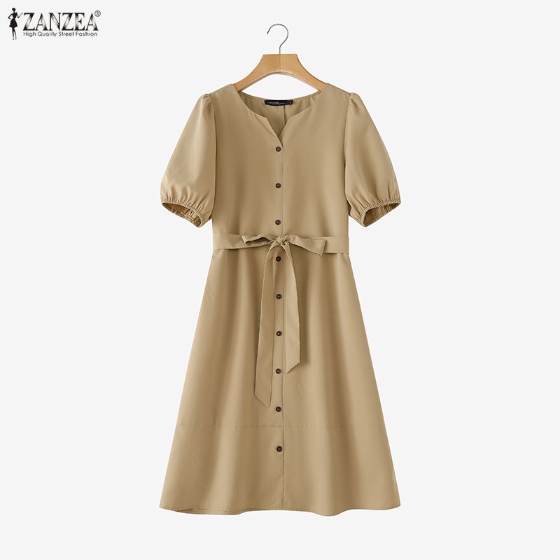 ZANZEA Lässiges, einfarbiges, lockeres Kurzarmkleid mit V-Ausschnitt für Damen