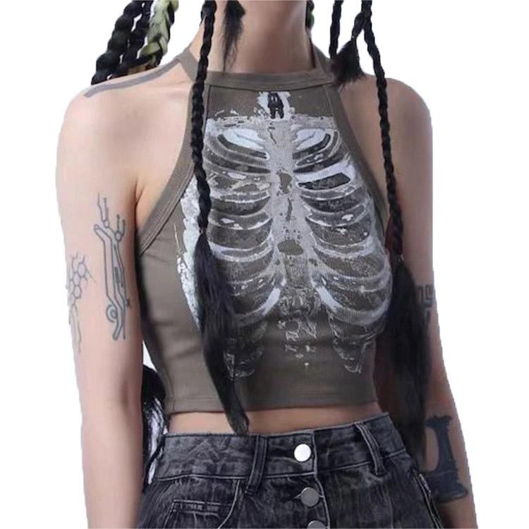Punk Aesthetic Cyber Retro X-ray Skeleton Print Rib Sleeveless Vest ArmyGreen Crop Top Designer Clothes Women 2024 Summer Emo
