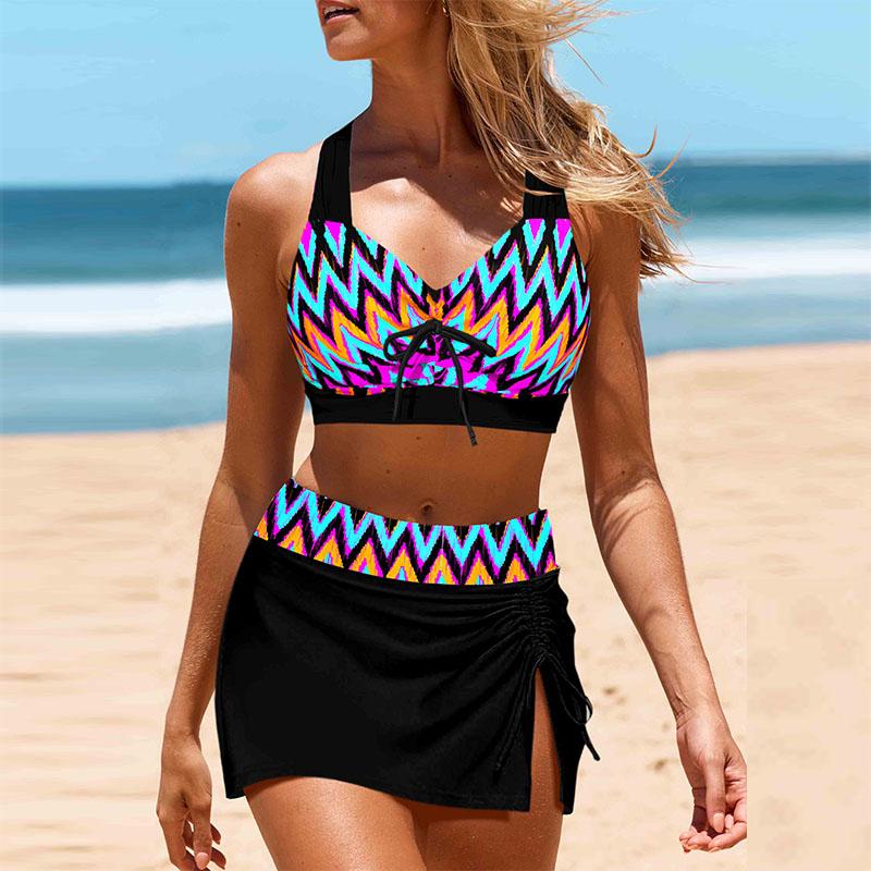 Halterblauw bikini-tankini-badpak met geweven print voor dames