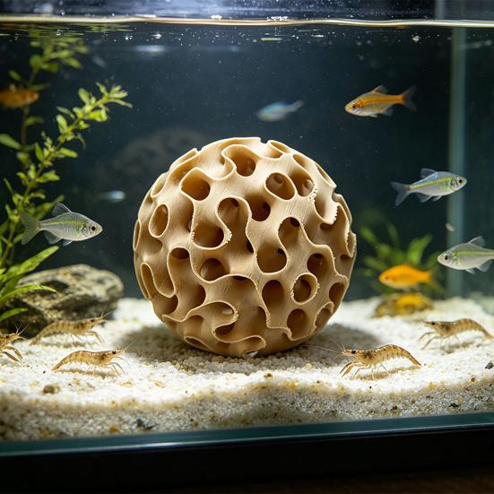 Aquarium Decoration Accessories 3D Print Shrimp Hideout, Sphere Hollow Fish Breeding Cave, Hiding Spot Tank Shelter Ornament for Shrimp, Small