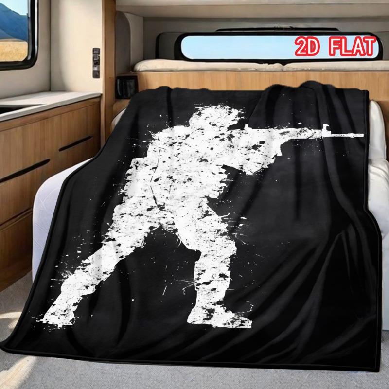 Black White Soldier Silhouette Print Flannel Blanket, Soft Cozy Warm Throw for Bed Sofa Couch, Lightweight All Season Cover