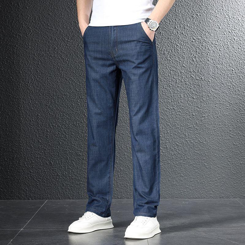 JYL Thin men's jeans, elastic trousers for business daily wide straight-through.