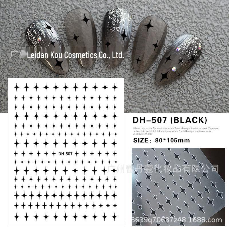 3D Star Nail Art Stickers: Black, White, Gold & Silver Adhesive Stars