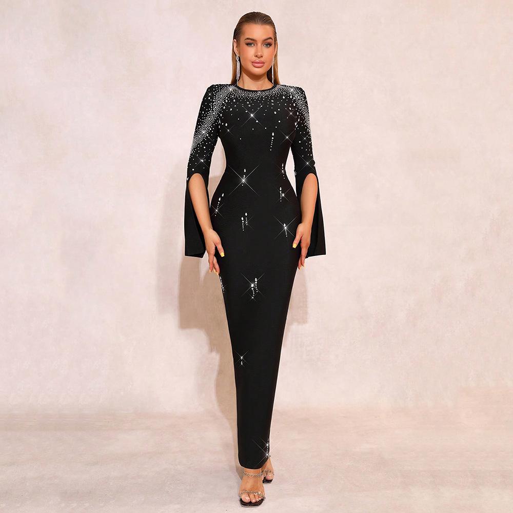 2026 Black Rhinestone Split Sleeve Round Neck Bandage Dress - European & American Celebrity Style Large