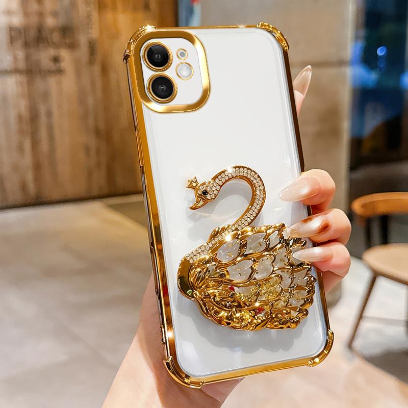 KEYSION Shockproof Plating Phone Case for iPhone 11 12 Pro Max Clear TPU Glitter Jewelled Swan kickstand Back Cover for iPhone 11