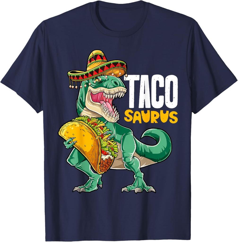 Tacosaurus Dinosaur mit Taco Sombrero Grafik T-Shirt Baumwolle Lässig Kurzarm T-Shirt für Herren
