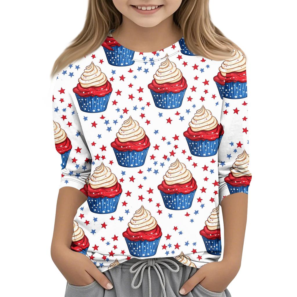 Print Tops For Youth Girls Round Neck 3/4 Sleeves T-Shirts Trendy Tops Outfit Tees Independence Day