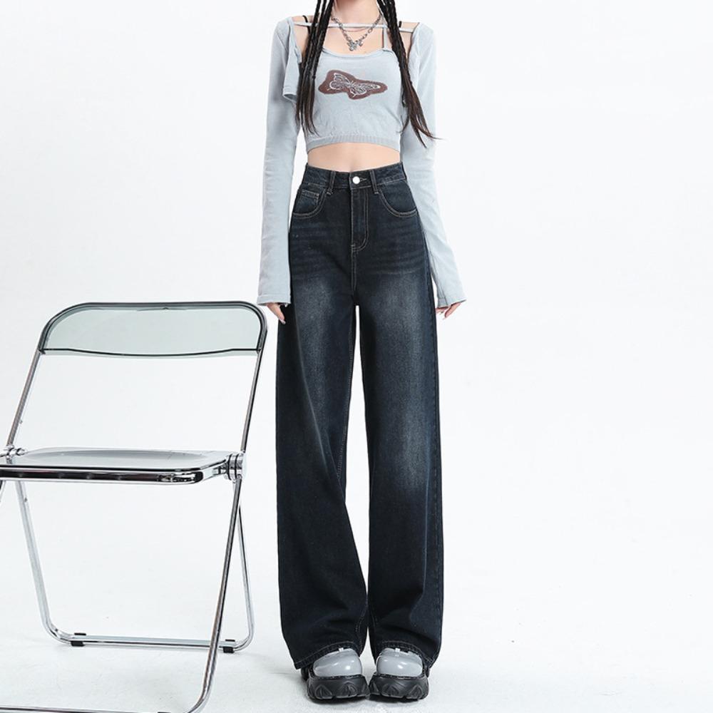 Women's High Waist Wide Leg Jeans Vintage Washed Straight Leg Denim Pants Casual Loose Floor Length Trousers