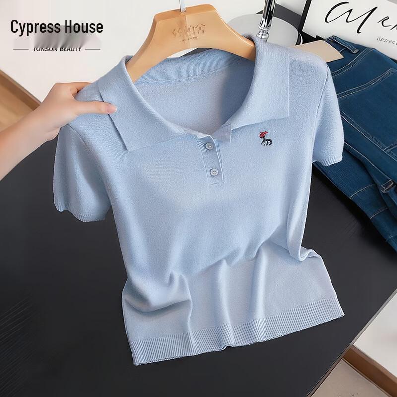 Women s Embroidered Lapel Short-Sleeved Knit Top One Size