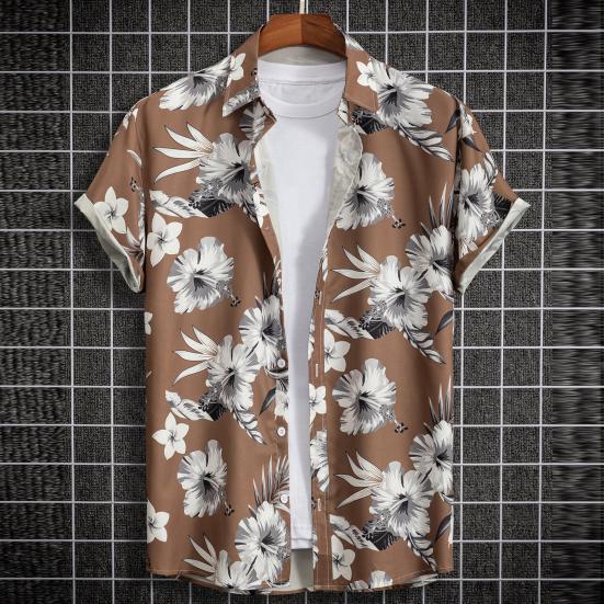 Lapel Short Sleeve Men Shirt Buttons Closure Thin Anti-pilling Summer Flower Printed Hawaiian Shirt Beachwear