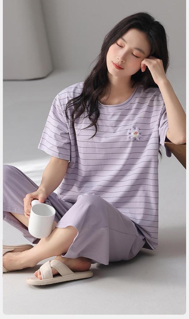 Women's Pure Cotton Pajama Set with Built-in Bra, Short Sleeve Top & 7/8 Pants - Sweet Summer Homewear.