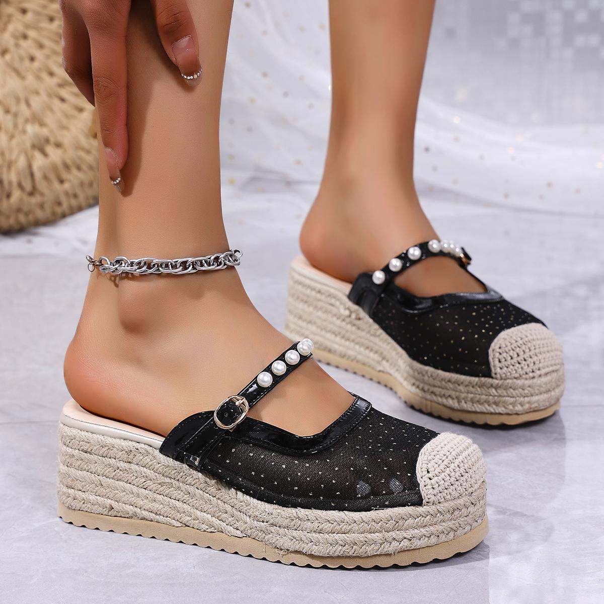 

Fashion New Women s Lace Wedges Slippers Casual Espadrilles Shoes Woman Fashion Beaded Slippers Summer Mules Platform Female Sandals 35