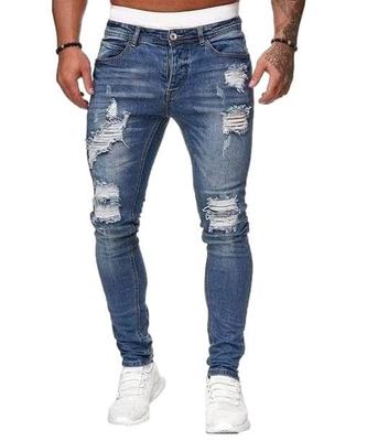 [Folha de quatro folhas] Calça Jeans Skinny Yarirafi, Stretch, Desgastada, Slim Fit, Calça Skinny, Calça Jogger, Masculina, Bainha, Primavera, Verão, Outono (XL, Azul)