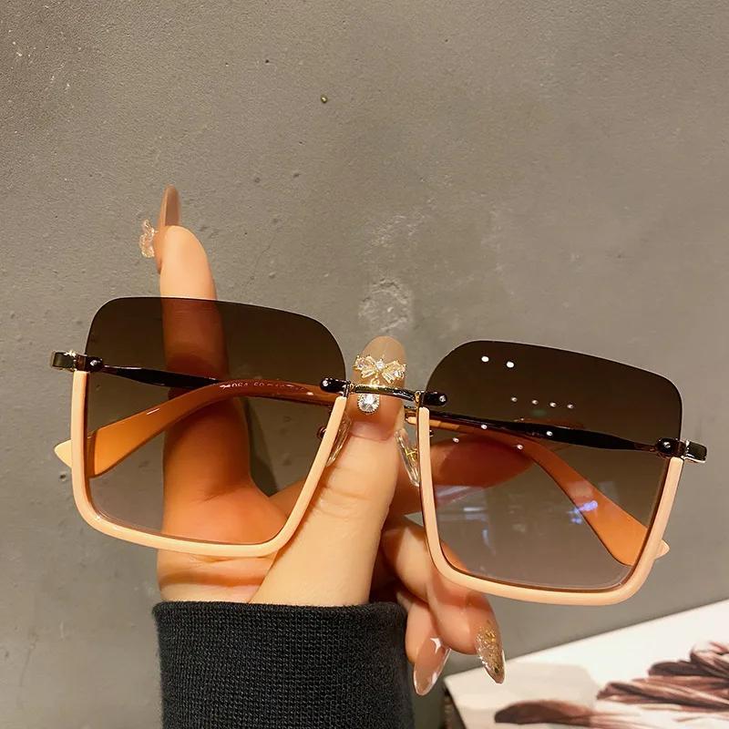 Semi-rimless Woman Sunglasses Vintage Retro Square Shape Outdoor Sun Glasses  Anti-glare Ladies Sunglasses
