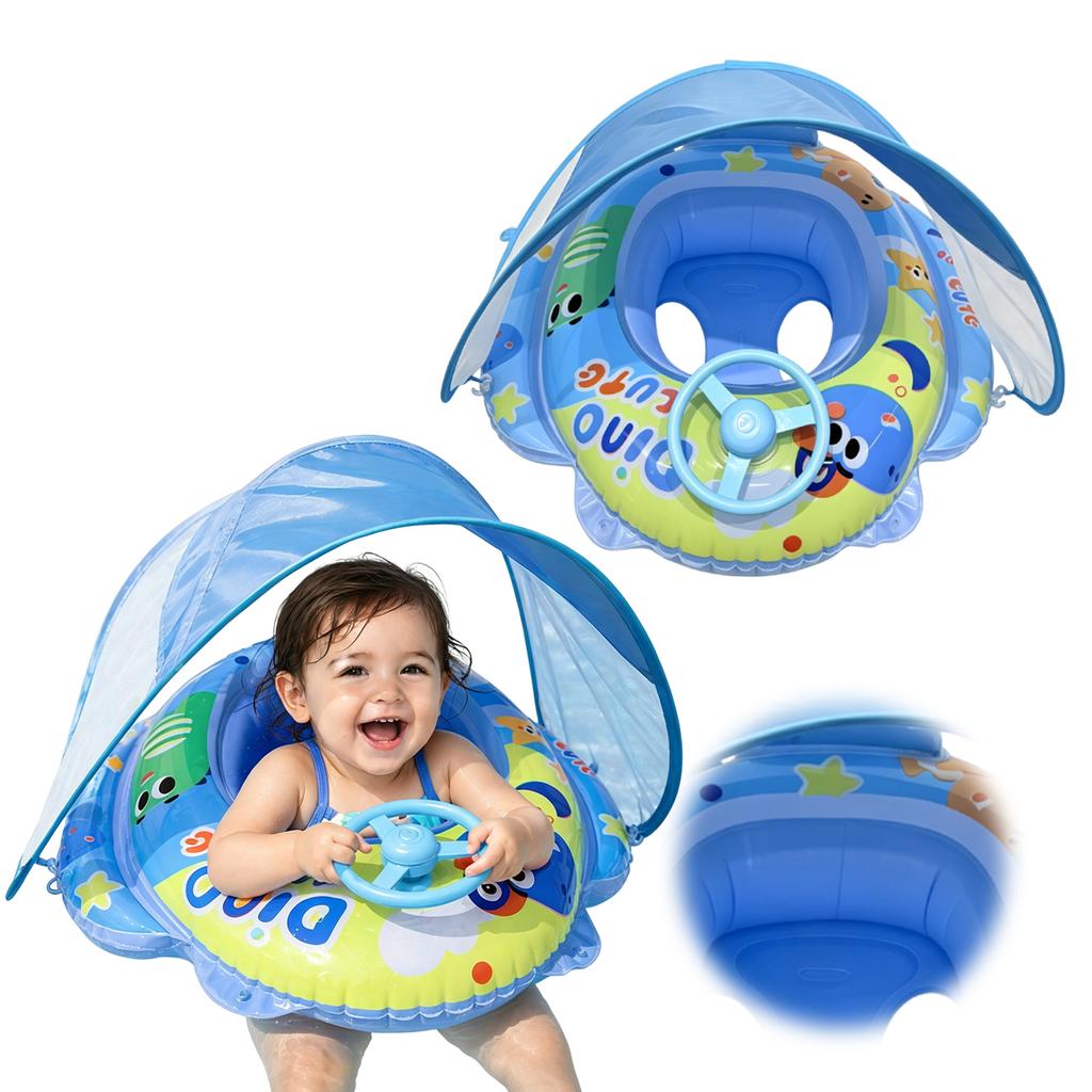 PVC Upgraded Inflatable Baby Pool Float with Canopy and Anti-Tip Seat with Steering Wheel Baby Beach Essentials for 6-36M